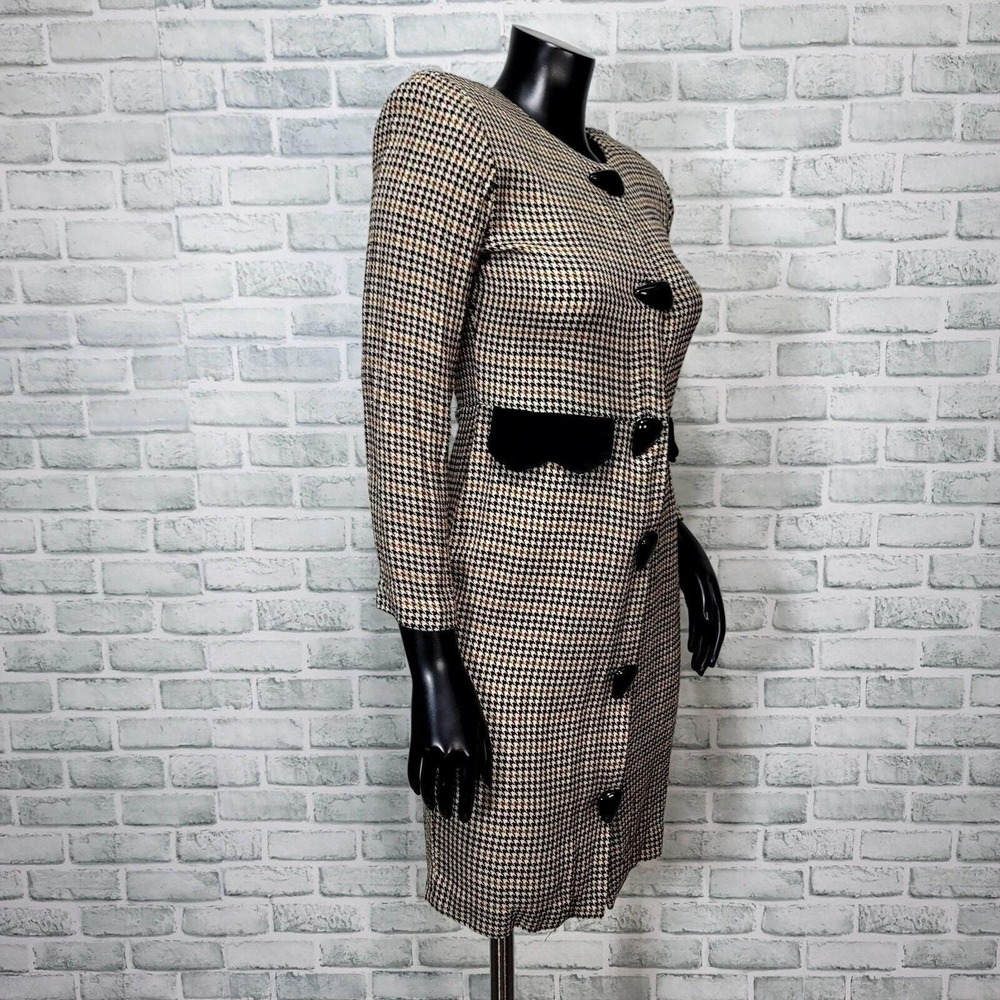 Vintage 80s Cynthia Howie Petite 4 Houndstooth Dress USA Velvet Trim Academia - Picture 4 of 8